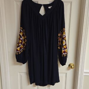 Crown & Ivy Navy Midi Dress with Colorful Embroidery